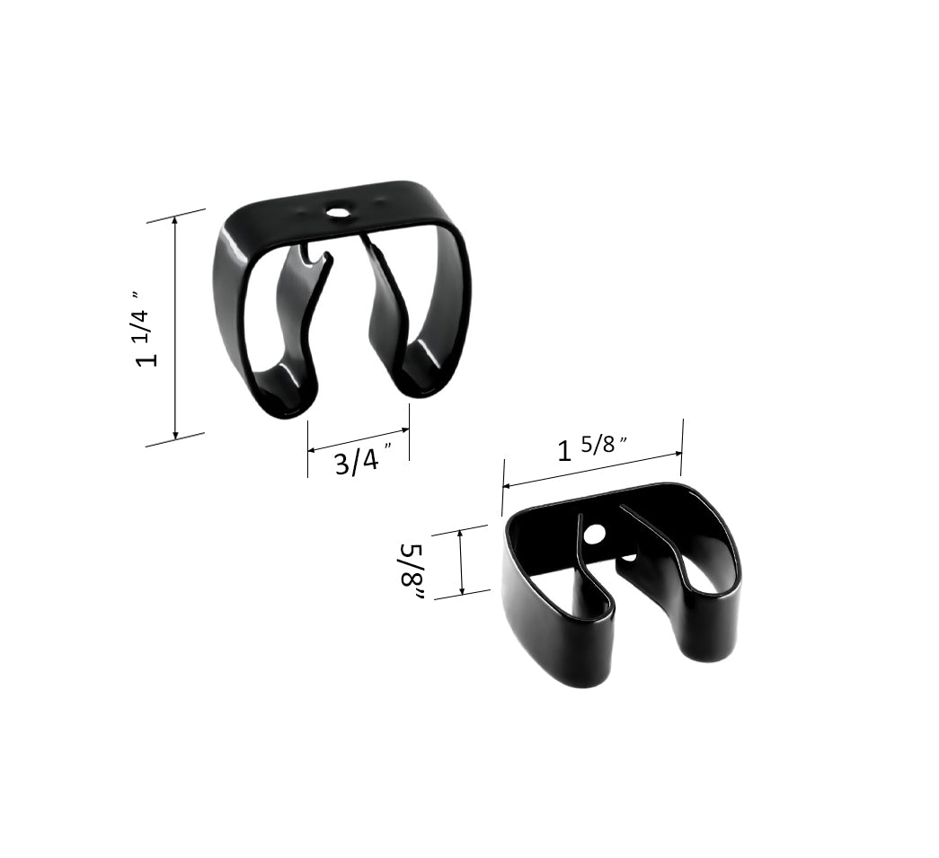 close up of a spring steel gripper clip, tool clip, durable, secure holding, Excellent corrosion and wear resistance, good outdoor weather resistance, mounting hole, made in the usa, black vinyl, 00050198000047