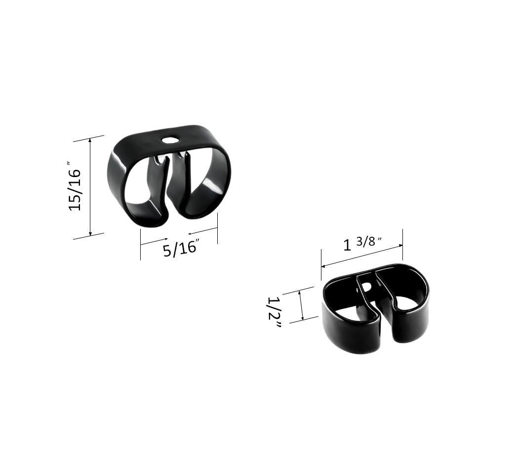 close up of a spring steel gripper clip, tool clip, durable, secure holding, Excellent corrosion and wear resistance, good outdoor weather resistance, mounting hole, made in the usa, black vinyl, 00050198000016