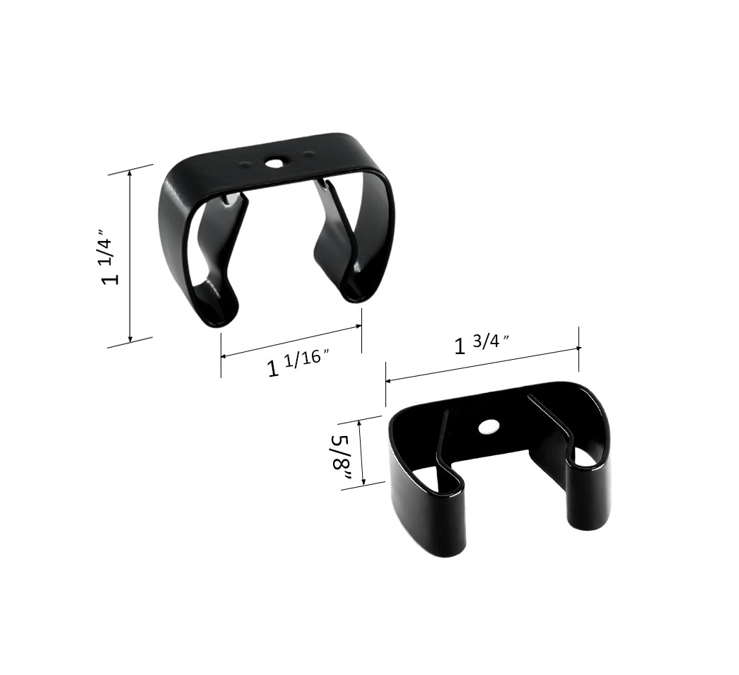 close up of a spring steel gripper clip, tool clip, durable, secure holding, Excellent corrosion and wear resistance, good outdoor weather resistance, mounting hole, made in the usa, black vinyl, 00050198000085