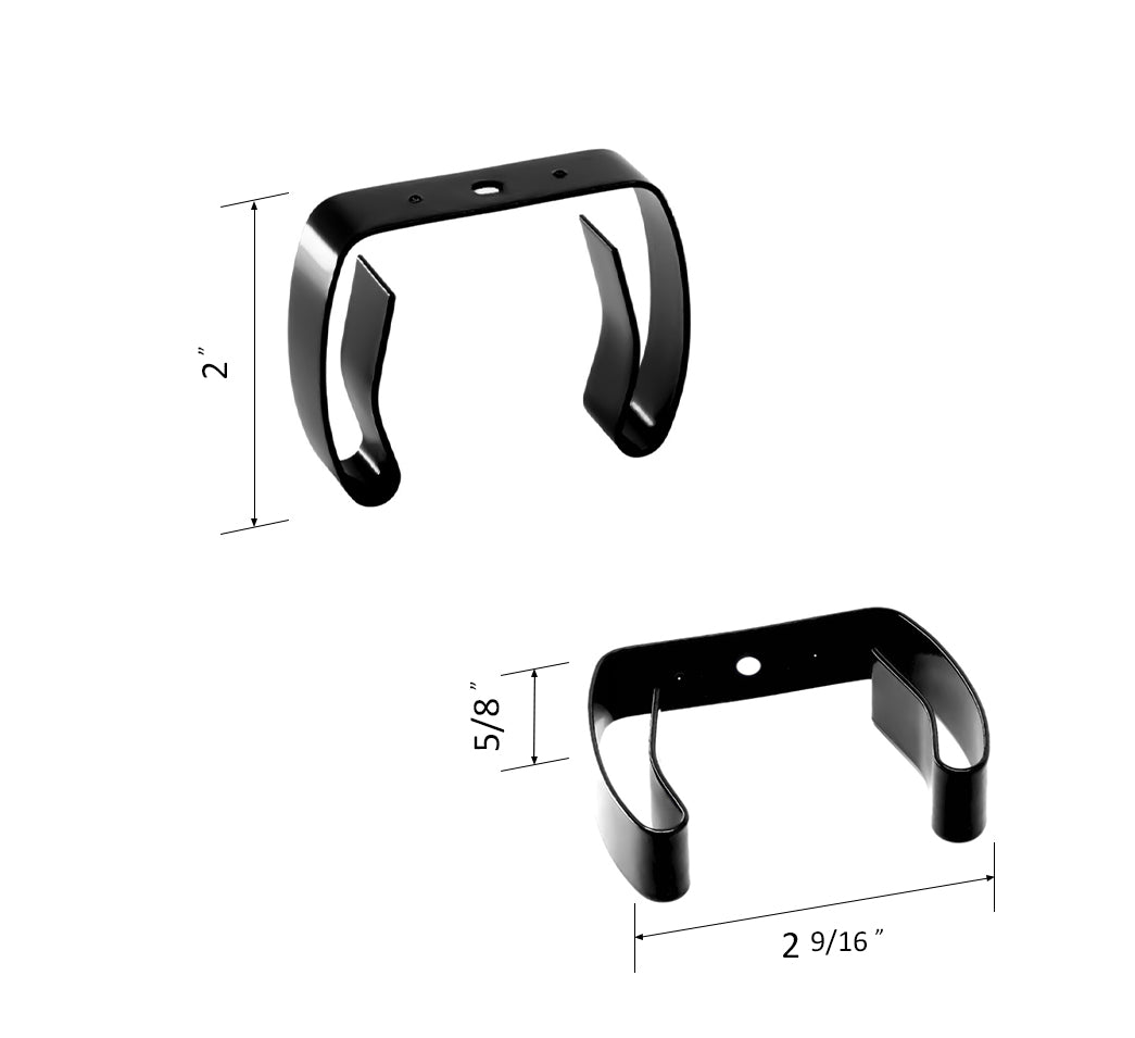 close up of a spring steel gripper clip, tool clip, durable, secure holding, Excellent corrosion and wear resistance, good outdoor weather resistance, mounting hole, made in the usa, black vinyl, 00050198000122