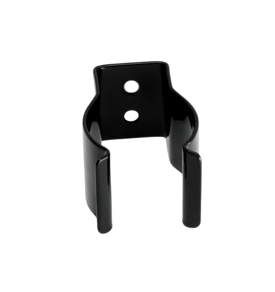 close up of a spring steel gripper clip, tool clip, durable, secure holding, Excellent corrosion and wear resistance, good outdoor weather resistance, two mounting holes, made in the usa, black vinyl, 00050198000092