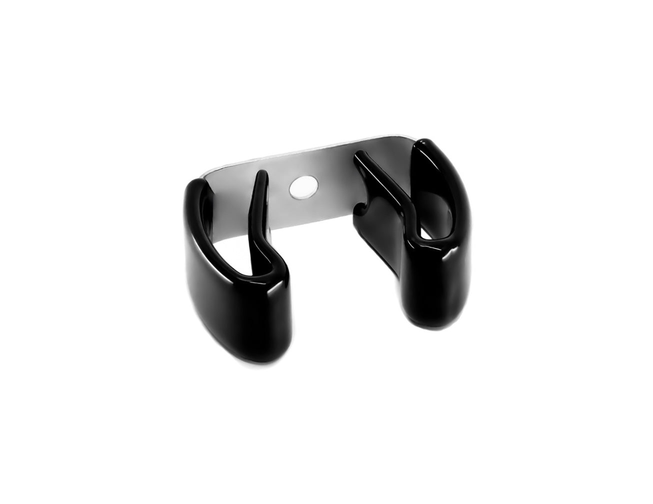 close up of a spring steel gripper clip, tool clip, durable, secure holding, Excellent corrosion and wear resistance, good outdoor weather resistance, mounting hole, made in the usa, silver zinc chromate and black vinyl, 00050198000078