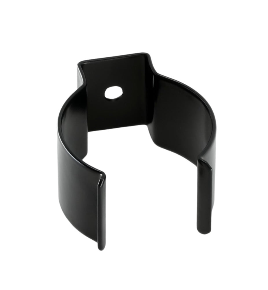 close up of a spring steel gripper clip, tool clip, durable, secure holding, Excellent corrosion and wear resistance, good outdoor weather resistance, mounting hole, made in the usa, black nylon, 00050198000115