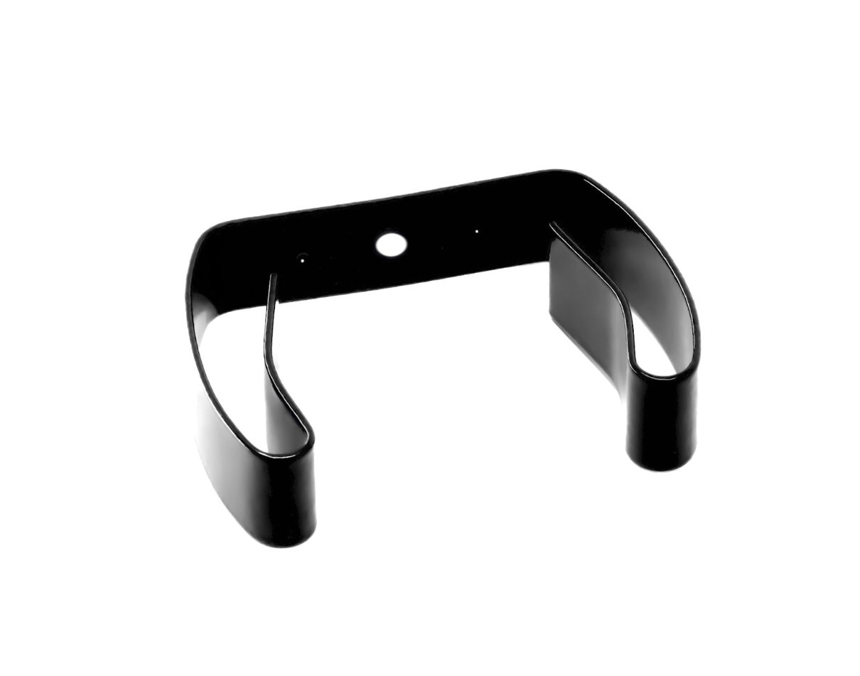 close up of a spring steel gripper clip, tool clip, durable, secure holding, Excellent corrosion and wear resistance, good outdoor weather resistance, mounting hole, made in the usa, black vinyl, 00050198000122