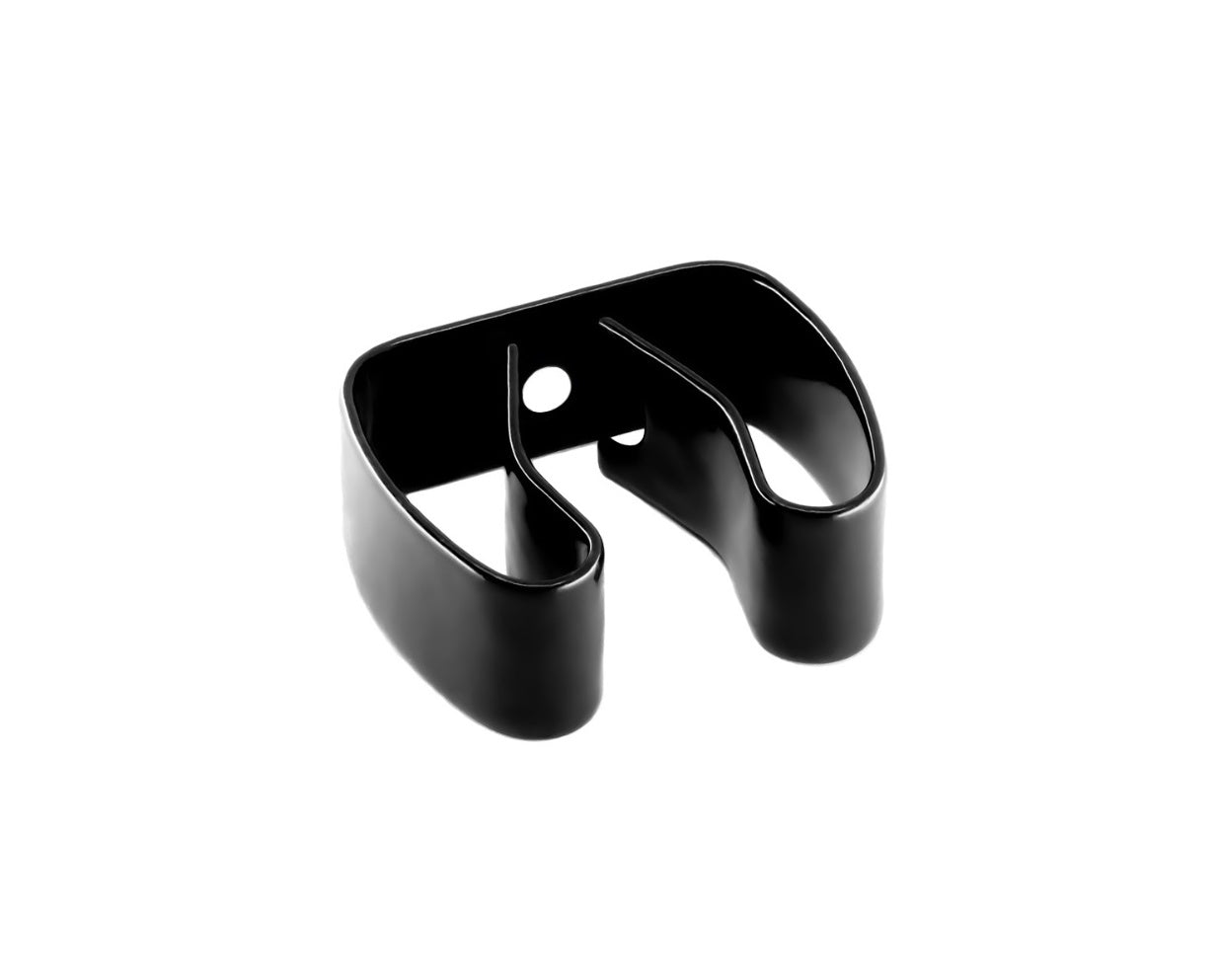 close up of a spring steel gripper clip, tool clip, durable, secure holding, Excellent corrosion and wear resistance, good outdoor weather resistance, mounting hole, made in the usa, black vinyl, 00050198000047