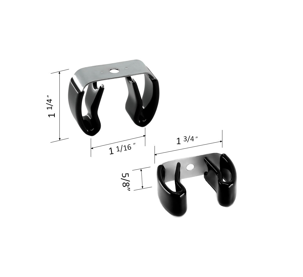 close up of a spring steel gripper clip, tool clip, durable, secure holding, Excellent corrosion and wear resistance, good outdoor weather resistance, mounting hole, made in the usa, silver zinc chromate and black vinyl, 00050198000078