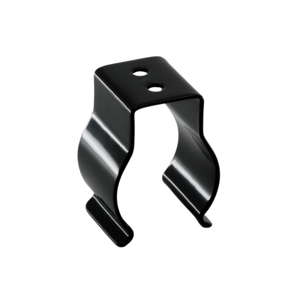 close up of a spring steel gripper clip, tool clip, durable, secure holding, Excellent corrosion and wear resistance, good outdoor weather resistance, two mounting holes, made in the usa, black vinyl, 00050198000092