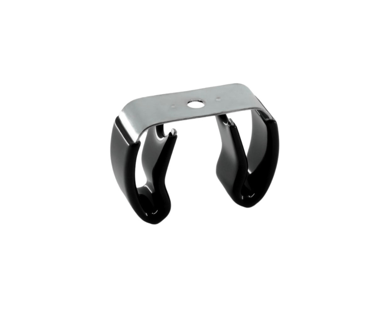 close up of a spring steel gripper clip, tool clip, durable, secure holding, Excellent corrosion and wear resistance, good outdoor weather resistance, mounting hole, made in the usa, silver zinc chromate and black vinyl, 00050198000078