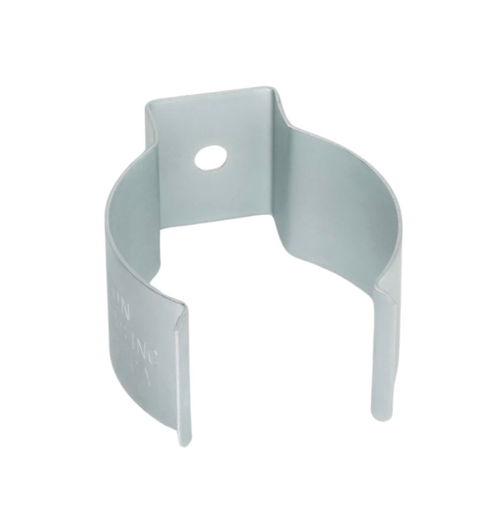 close up of a spring steel gripper clip, tool clip, durable, secure holding, Excellent corrosion and wear resistance, good outdoor weather resistance, mounting hole, made in the usa, silver zinc chromate, 00050198000108